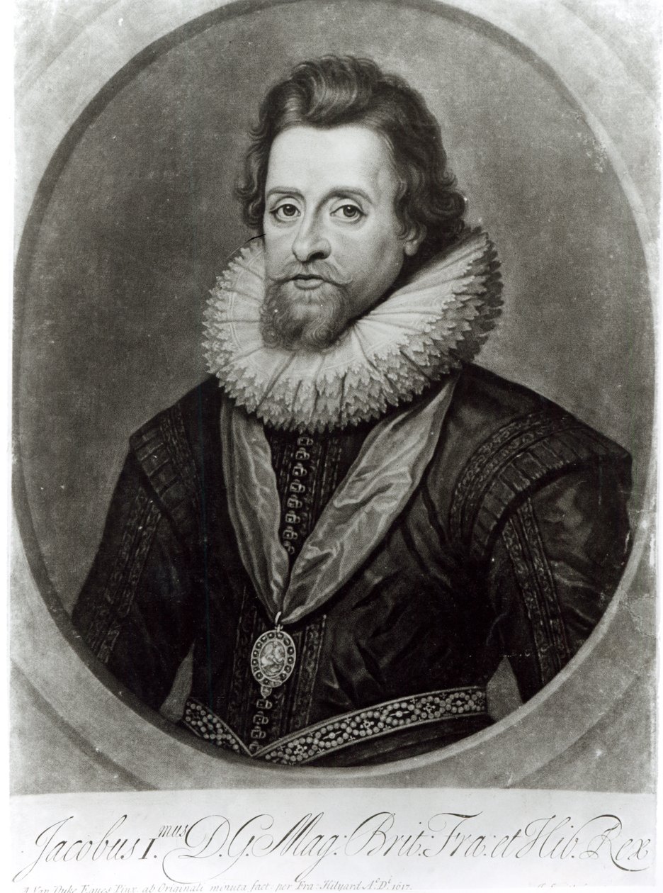 Portrett av James I (1566-1625) etter en miniatyr av Nicholas Hilliard (1547-1619) fra 1617, gravert av George Vertue (1684-1756) av Anthony van Dyck