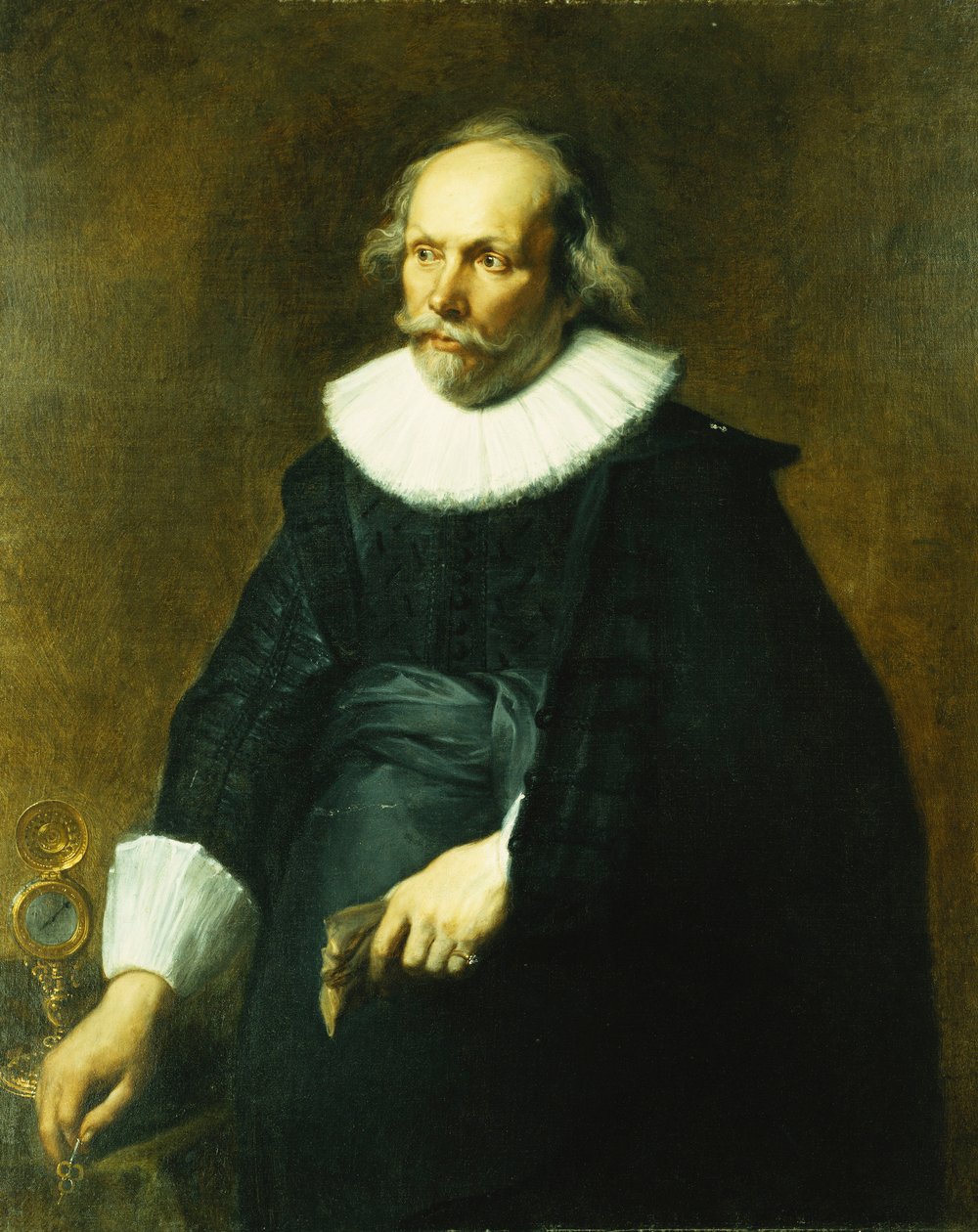 Portrett av en gentleman, tre-kvarts lengde, iført et svart kostyme med hvit krage og mansjetter, ved et bord med en klokke, av Anthony van Dyck