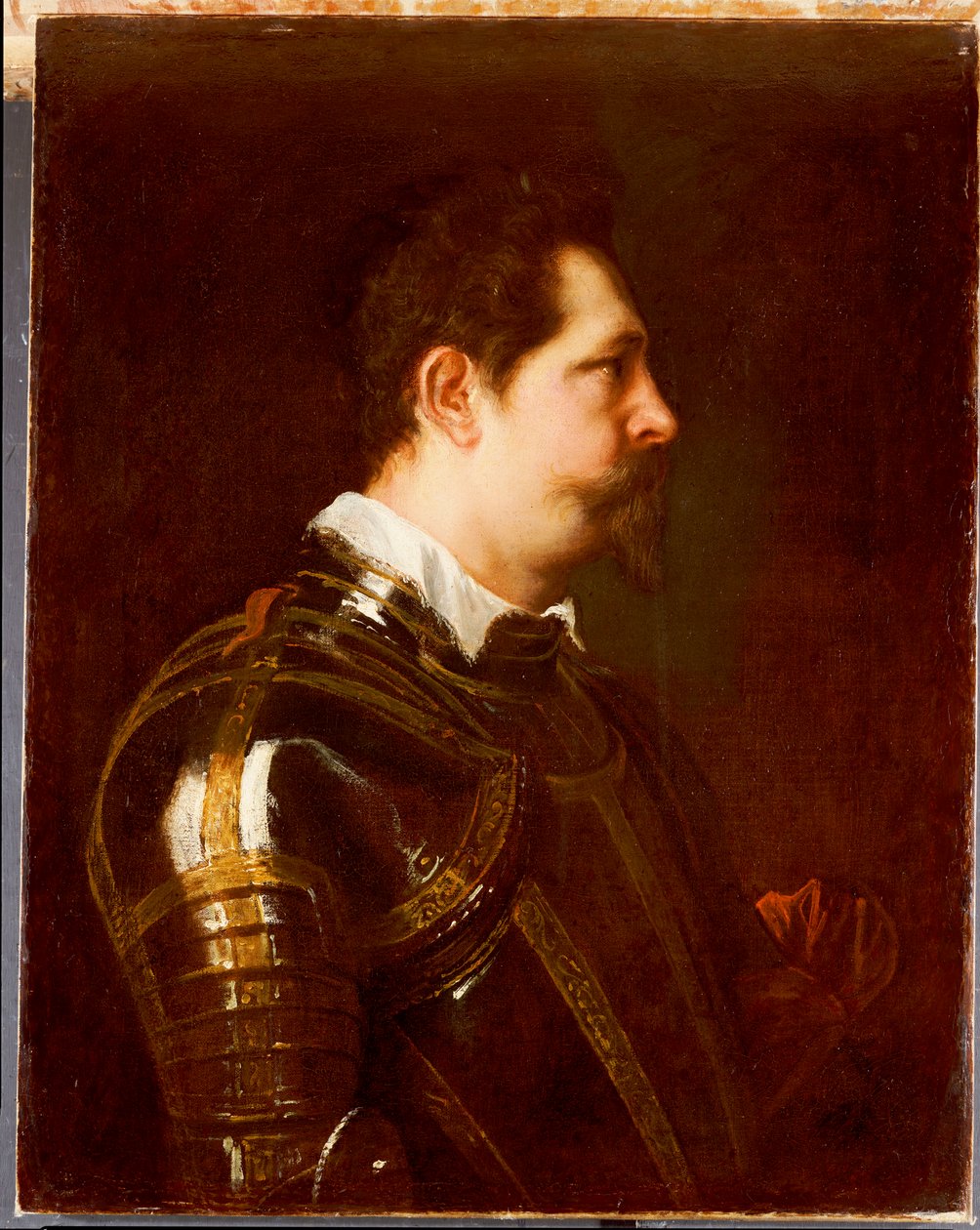 Portrett av en general, bystelengde, i damascenert rustning med hvit krage og rødt ramme av Anthony van Dyck
