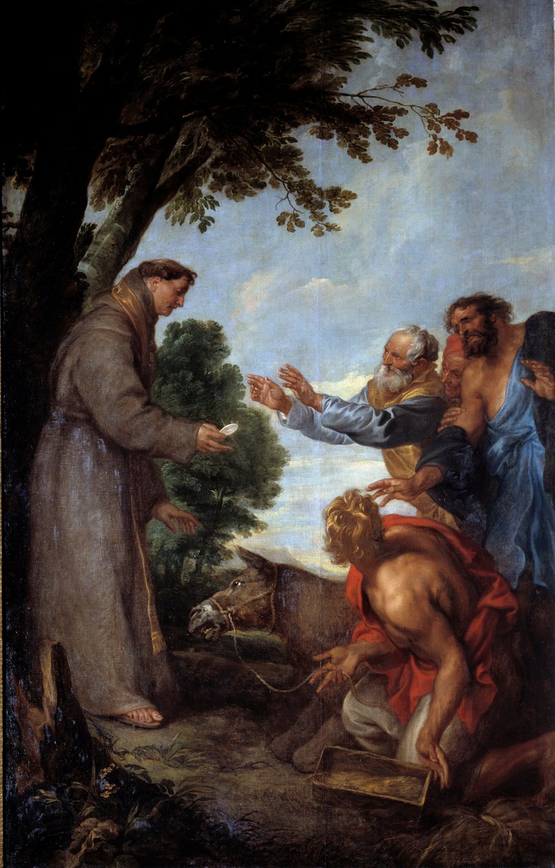 Muldyrets mirakel (eller Mirakelet til den hellige Antonius av Padua (san antonio di padova) i Toulouse) Muldyret til jøden Guillard bøyer seg foran verten vist av den hellige Antonius av Padua, og nedverdiger matkaret hans. Mesteren hans konverterer til s av Anthony van Dyck