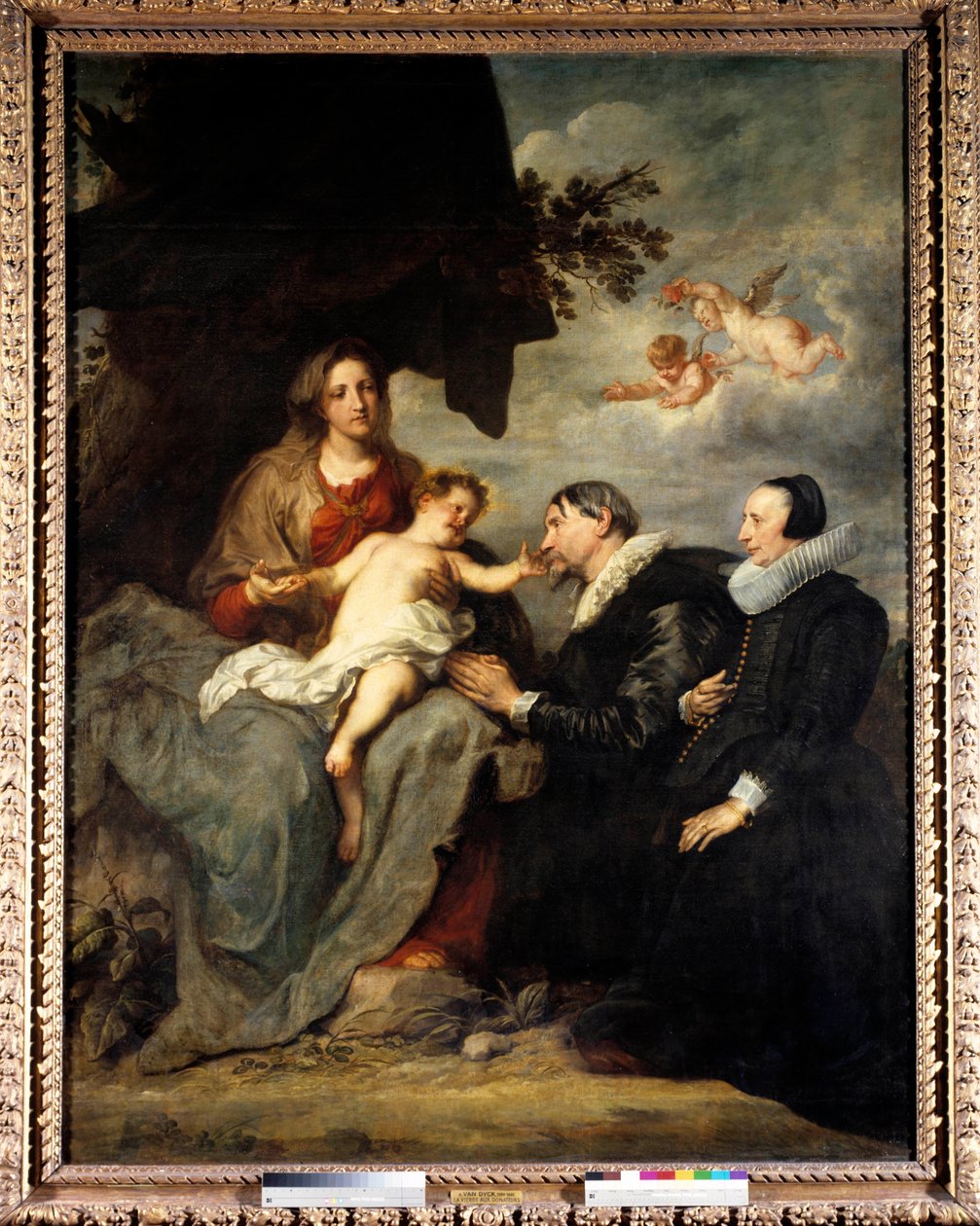 Jomfruen har barnet til giverne. Donorparet tilslørt på 1500-tallets vis med jordbær. Maleri av Anton Van Dyck (1599-1641) 1600-tallet Søn. 2,5x1,91 m av Anthony van Dyck