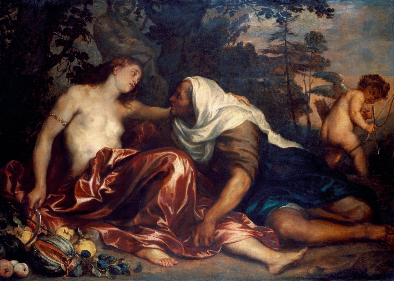 Vertumne og Pomone (Jupiter og Ceres): Vertumne, forelsket i nymfen Pomone, forkler seg som en gammel kvinne for å nærme seg henne. Maleri av Antonie Van Dyck (1599-1641) 1623-1625 Søn. 141x197 cm Genes, Galleria di Palazzo Bianco av Anthony van Dyck