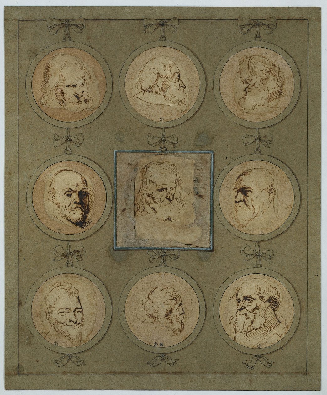 Samleblad med ni hodestudier i medaljonger av Anthony van Dyck