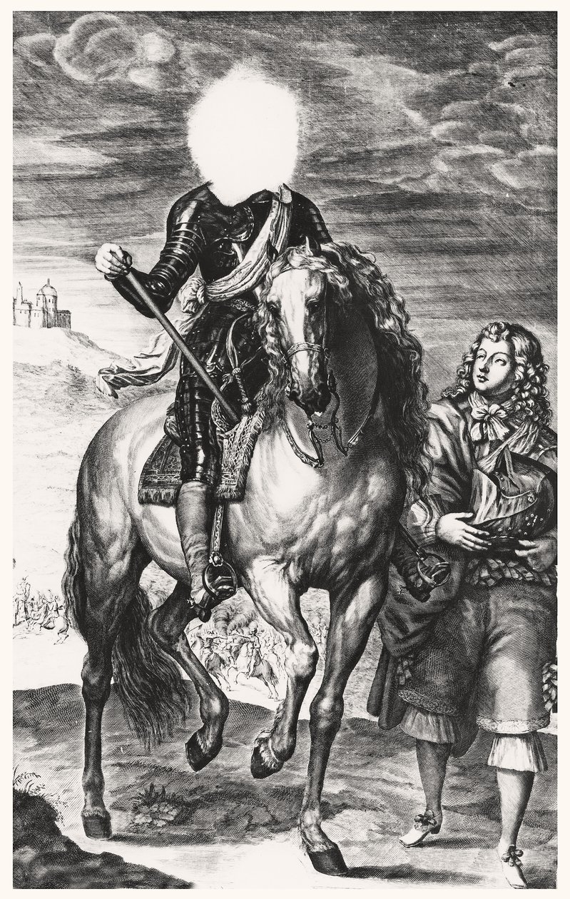 Hodeløst rytterportrett opprinnelig av Louis av Frankrike, gravert av Pierre Lombard (1612-80) (se 105377-8) av Anthony van after Dyck