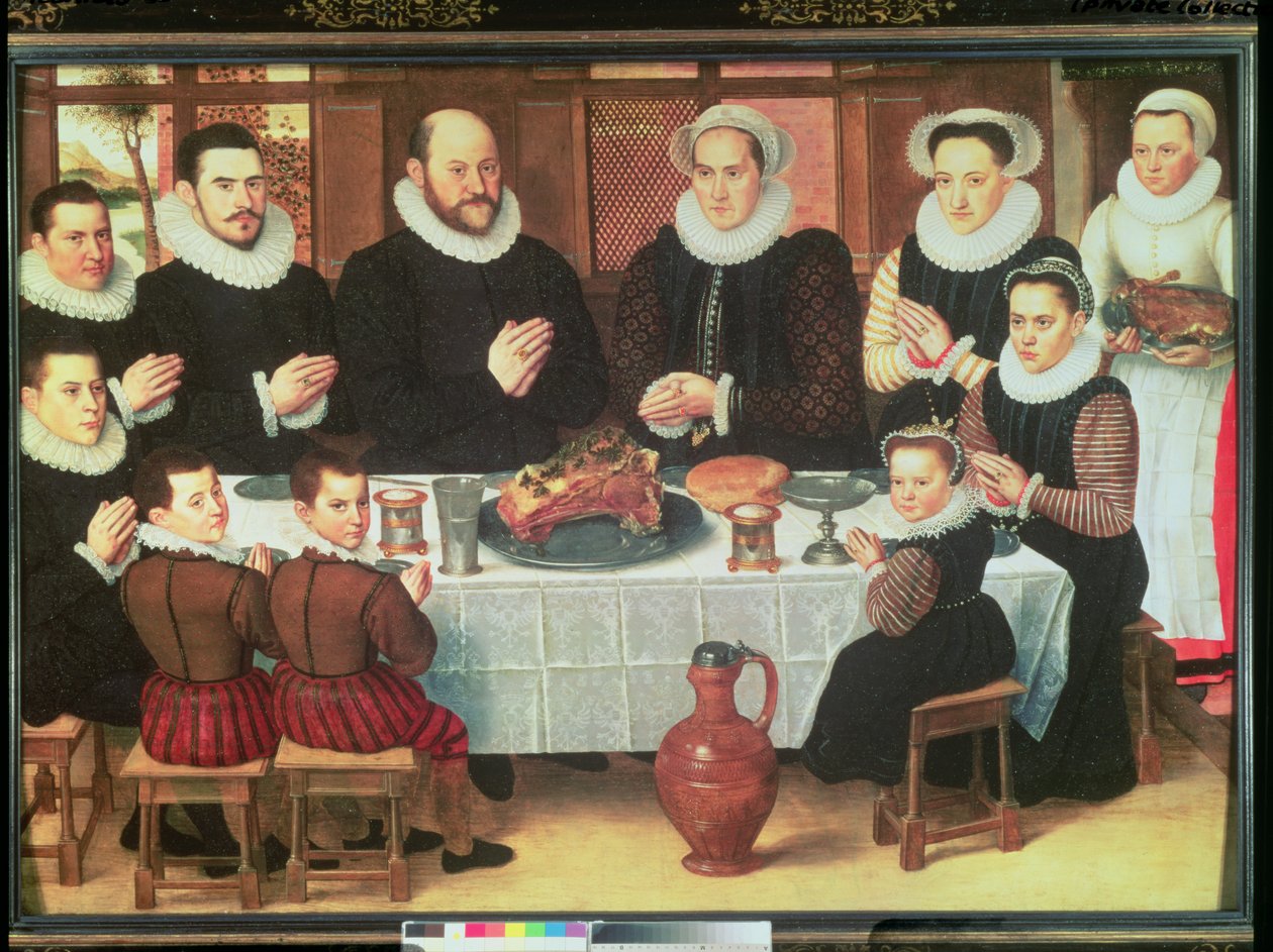 En familie som sier nåde før måltidet, 1585 av Anthuenis Claeissins or Claeissens