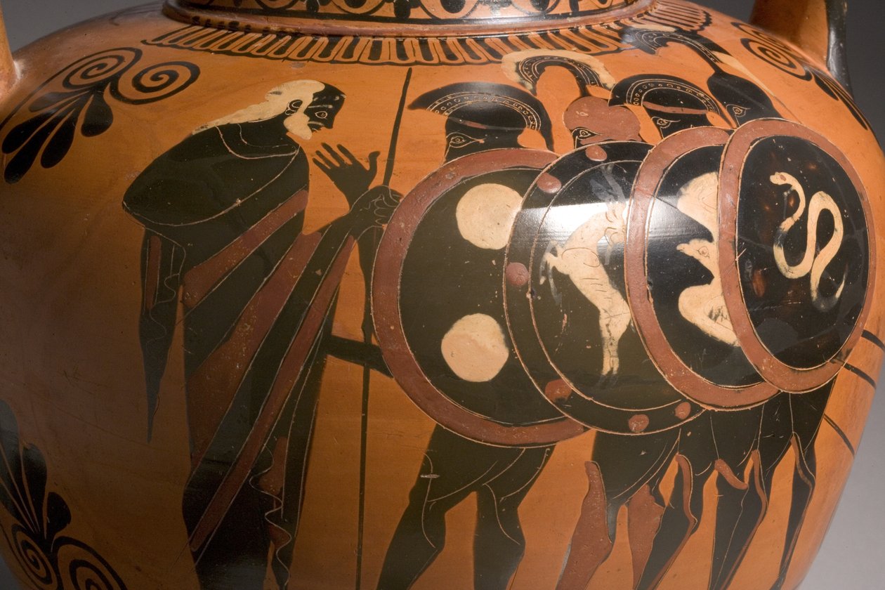 Lofts amfora med svart figur som viser scener fra den trojanske krigens keramiske detaljer fra 249017 av Antimenes Painter