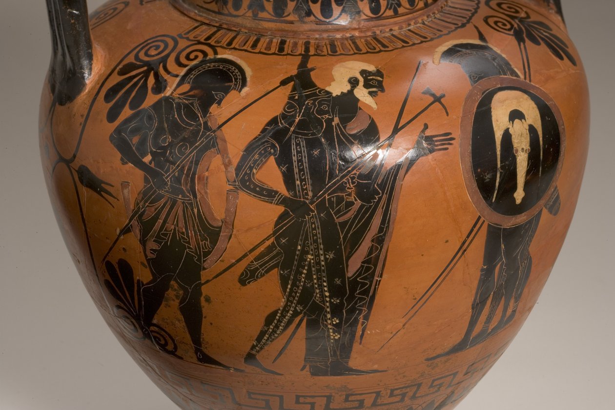 Lofts amfora med svart figur som viser scener fra den trojanske krigens keramiske detaljer fra 249017 av Antimenes Painter
