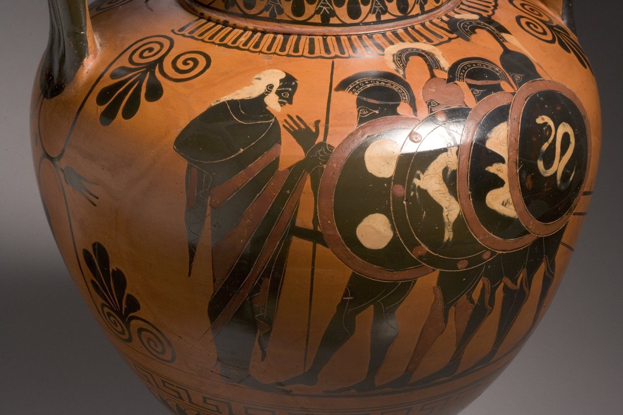 Lofts amfora med svart figur som viser scener fra den trojanske krigens keramiske detaljer fra 249017 av Antimenes Painter