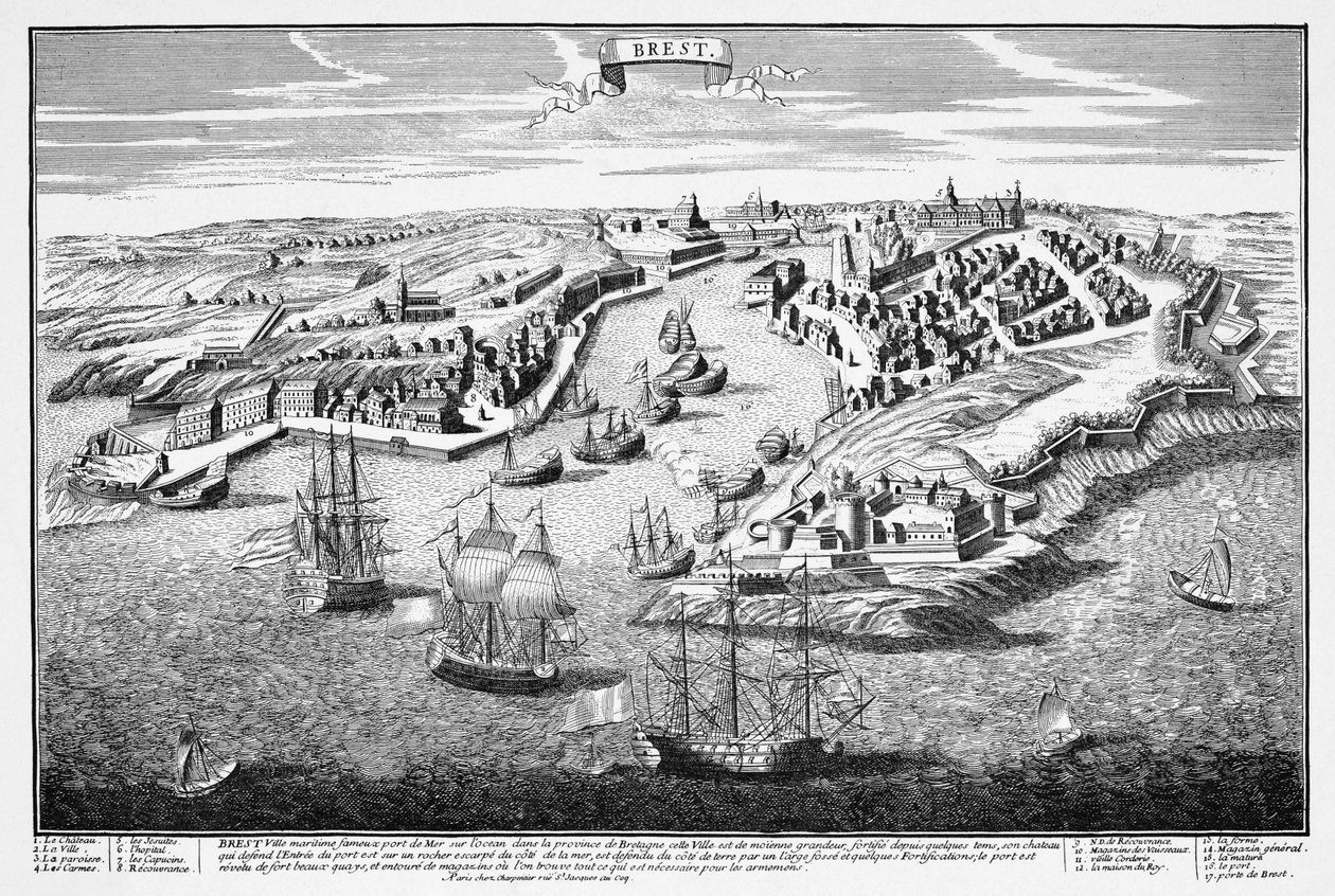 Perspektiv utsikt over byen Brest fra havnen i det syttende århundre av Francois Antoine Aveline