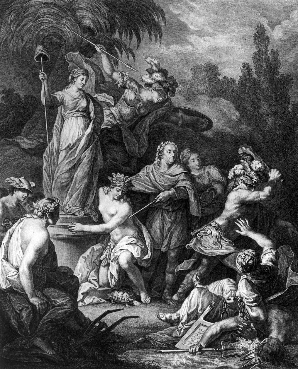 Allegory of The Independent America, dedikert til den amerikanske kongressen, gravert av Jean Charles Levasseur (1734-1816), 1778 av Antoine Borel
