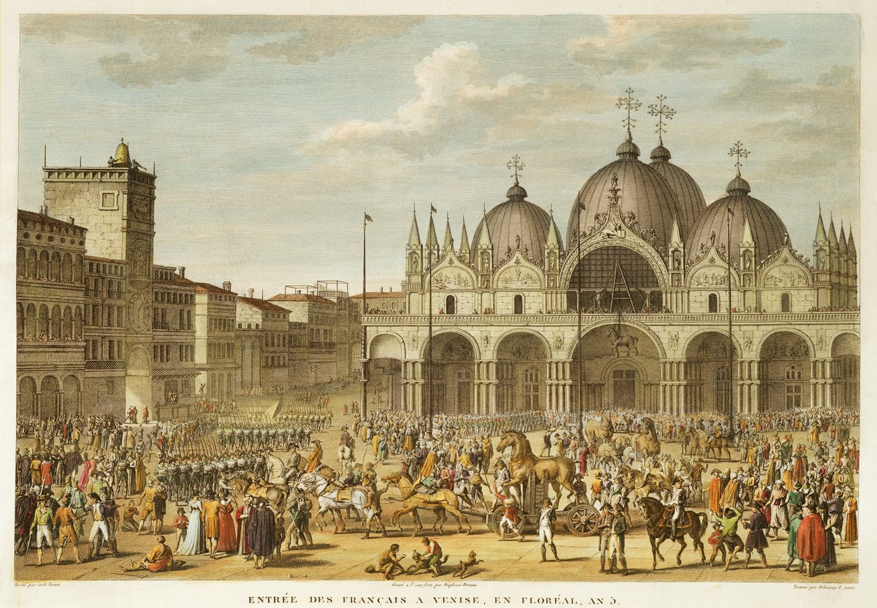 Franskmennenes inntog i Venezia og tyveriet av hestene i San Marco, i Floreal, år 5 (mai 1797) gravert av Jean Duplessi-Bertaux (1747-1819) (akvatint) av Antoine Charles Horace Vernet