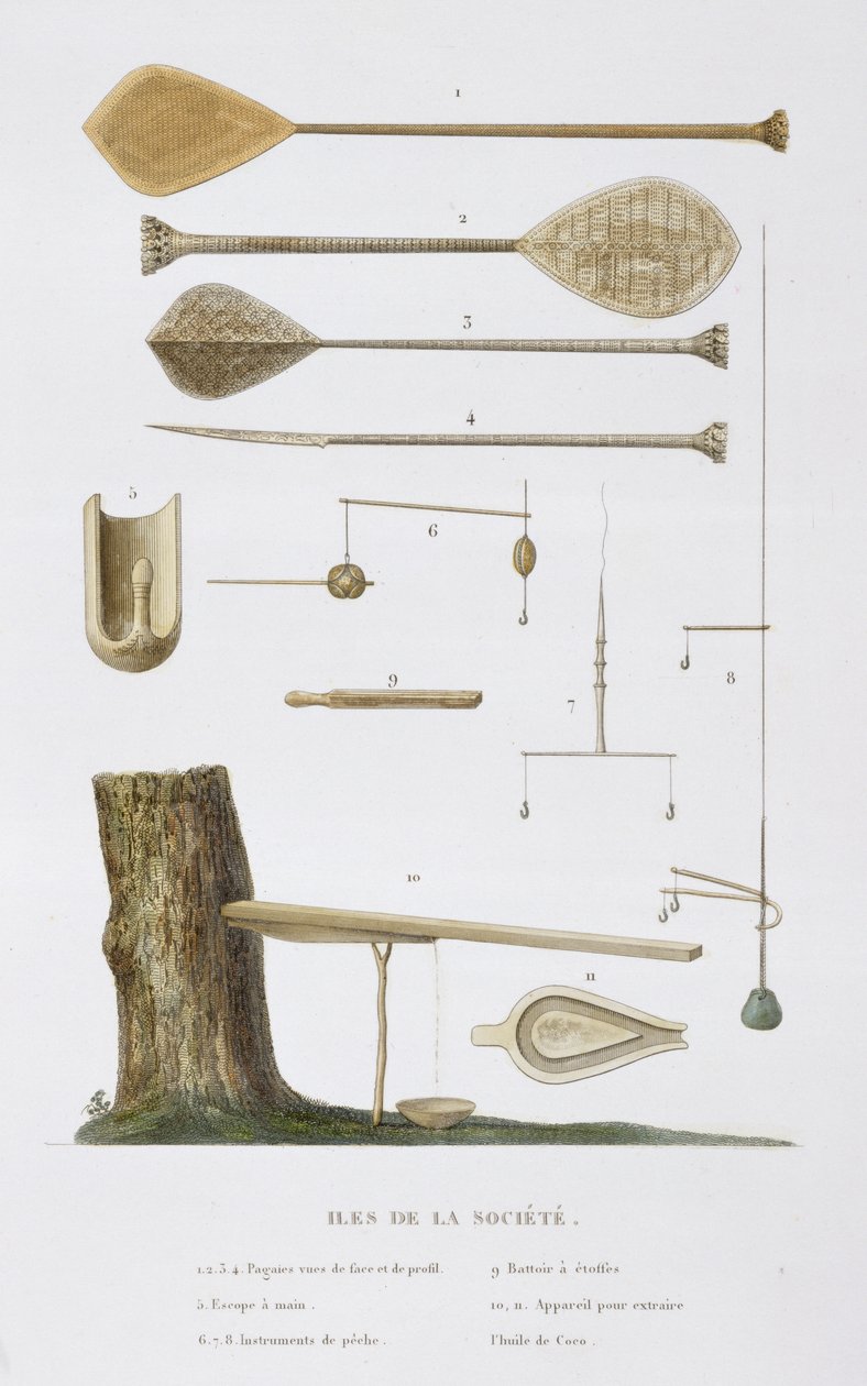 Society Islands: pangaer, fiskekroker og andre redskaper, fra "Voyage around the World, utført etter ordre fra Kongen på Hans Majestets Corvette, La Coquille, i årene 1822, 1823, 1824 og 1825" av Antoine Chazal