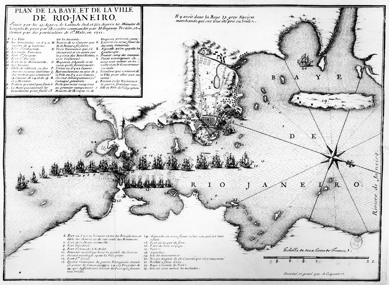 Plan over bukten og byen Rio de Janeiro og disposisjonen av de franske og portugisiske marinestyrkene under det franske angrepet under Duguay-Trouin i 1711, ca. 1730 av Antoine Coquart