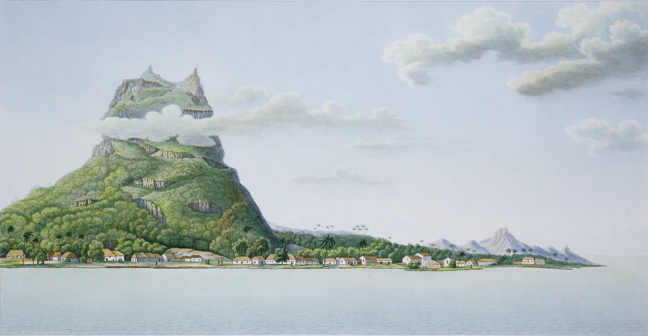 Utsikt over øya Bora Bora, fra "Voyage around the World (1817-20)", av Louis Claude Desaulses de Freycinet (1779-1842) gravert av Ambroise Tardieu (1788-1841) utgitt 1822-24 av Antoine Lejeune and Chazal