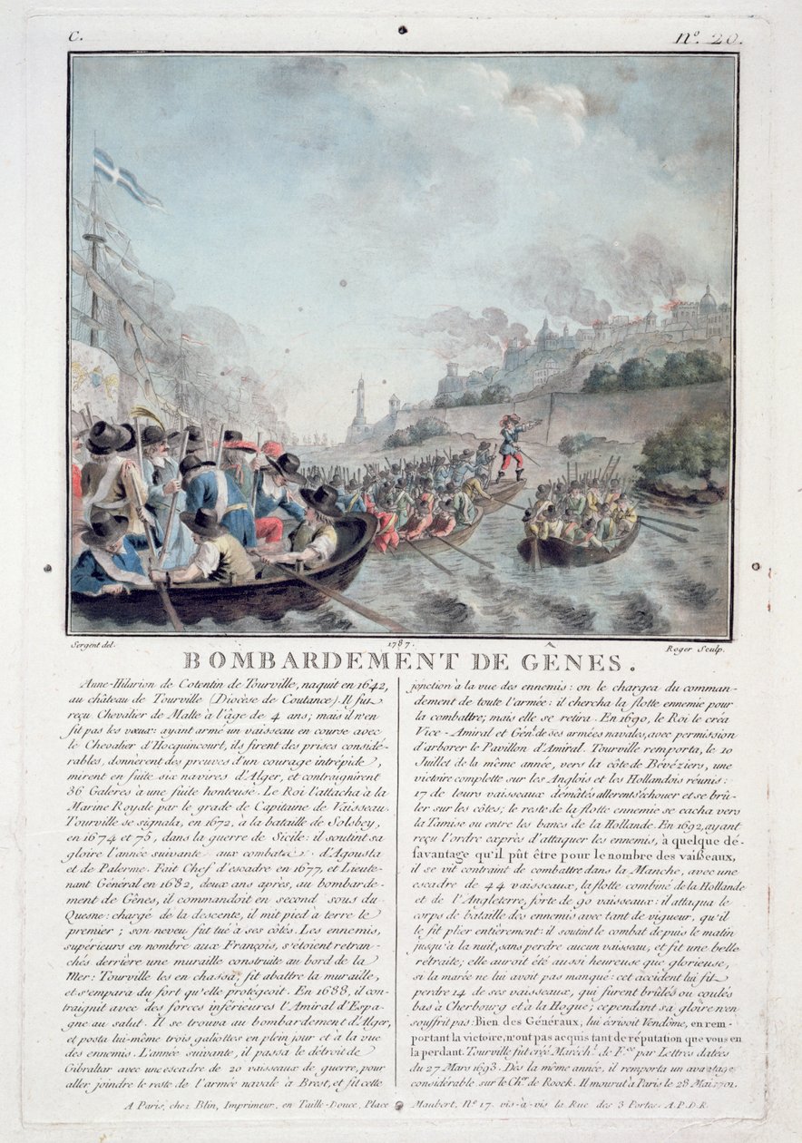 Bombardement av Genova, 1684, gravert av Jean Baptiste Morret (fl.1790-1820), 1787 av Antoine Louis Francois Sergent Marceau