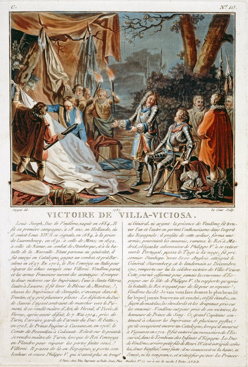 The Victory of Villa-Viciosa, 1710, gravert av Louis Le Coeur (fl.1780-1800), 1787 av Antoine Louis Francois Sergent Marceau