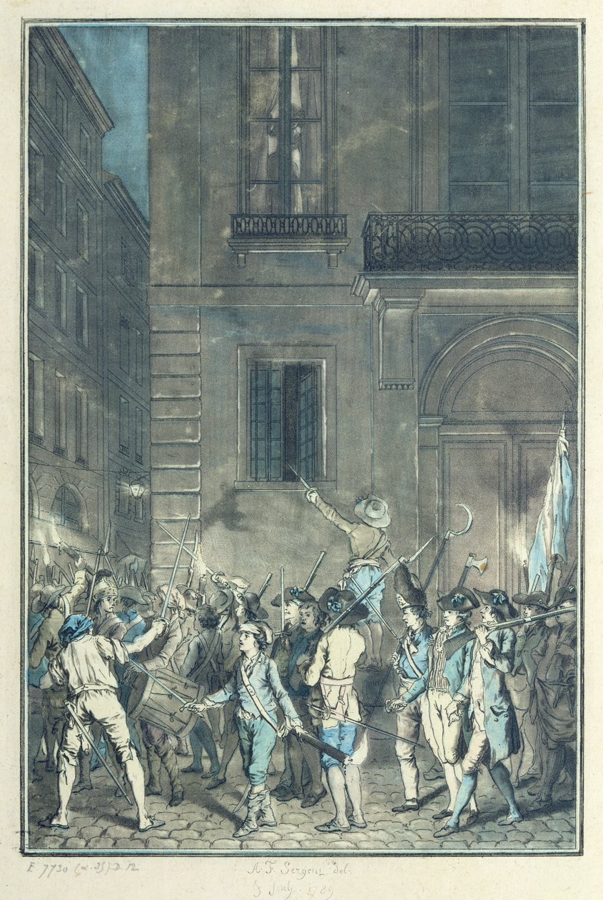 Mobben streifet rundt i gatene i Paris med fakler om natten i juli 1789 av Antoine Louis Francois Sergent Marceau