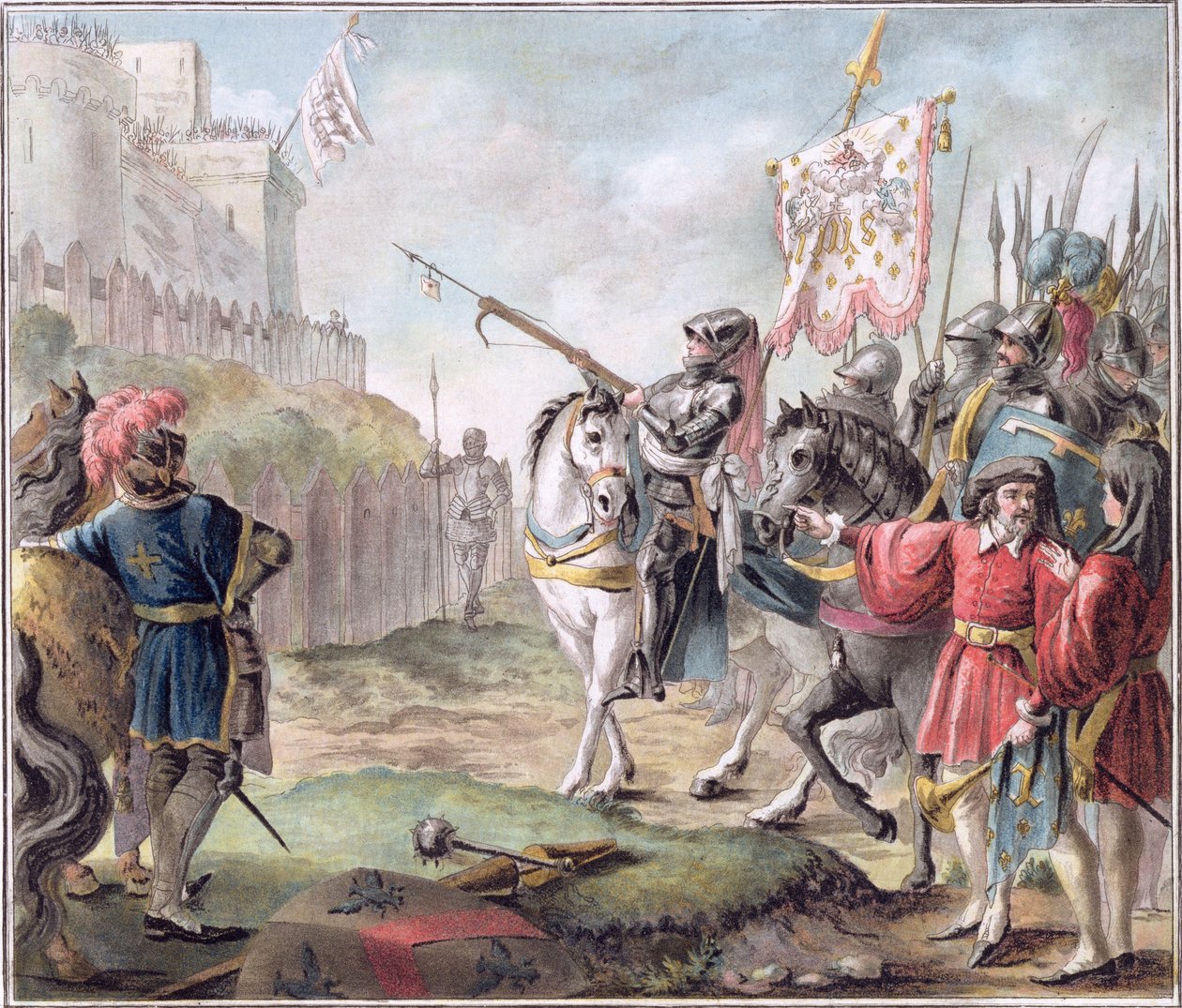 Joan of Arc (1412-31) beordrer engelskmennene til å forlate Frankrike, gravert av Louis Roger, 1787 av Antoine Louis Francois Sergent Marceau