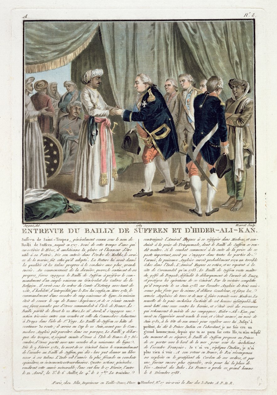 Møte mellom Pierre Andre de Suffren de Saint Tropez (1729-88) og Haider Ali (1728-82), 1782, gravert av Jean Baptiste Morret (fl.1790-1820), 1789 av Antoine Louis Francois Sergent Marceau