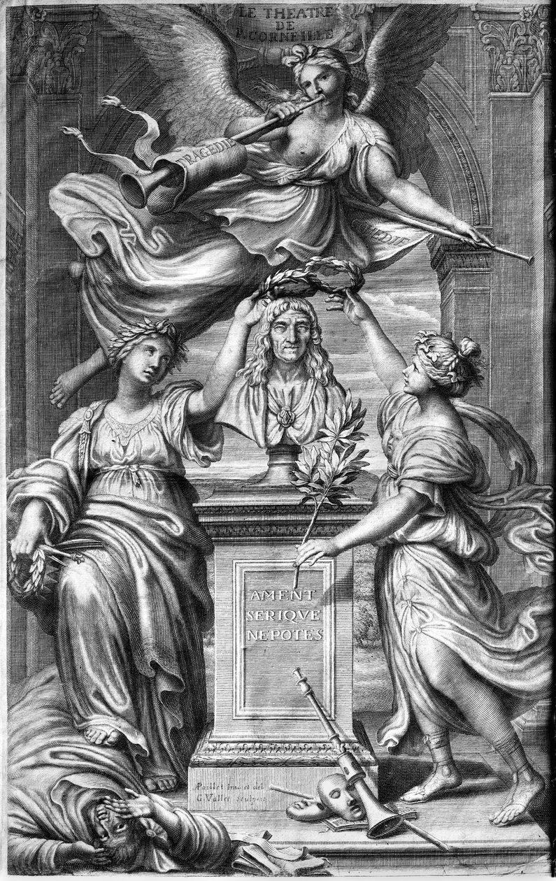 Frontispice for en utgave av Le Theatre de P. Corneille, gravert av Guillaume Vallet (1632-1704) utgitt 1664 (bw-foto) av Antoine Paillet