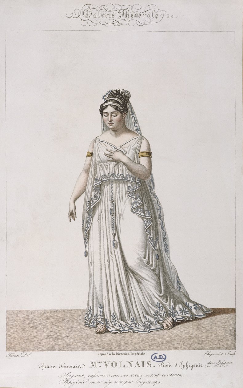 Portrett av Madame Volnais i rollen som Iphigenia, for Iphigenia in Aulis av Christoph von Gluck (1714-87) for serien Galerie Theatrale, ca. 1815 av Antoine Pierre Charles Favart