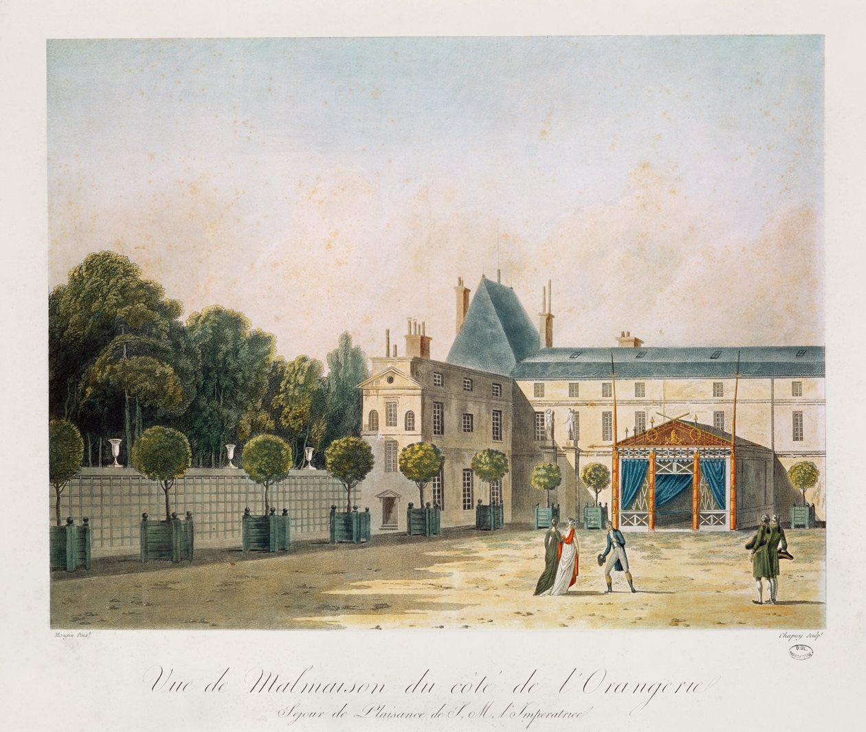 Utsikt over Malmaison fra oransjeriet, gravert av Nicolas Chapuy, ca. 1810-tallet av Antoine Pierre Mongin