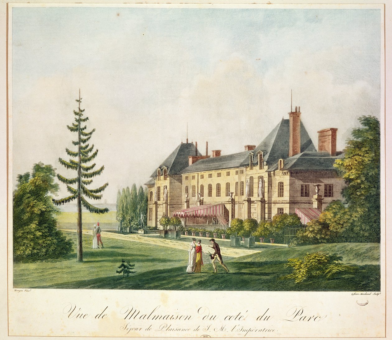 Utsikt over Malmaison fra parken, gravert av Marchand Lefebvre, ca. 1790-1810 av Antoine Pierre Mongin