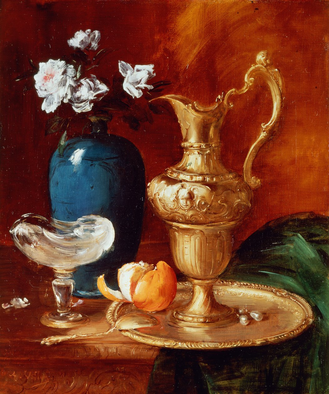 Stilleben av en forgylt ær, vase med blomster og en facon de Venise-skål av Antoine Vollon