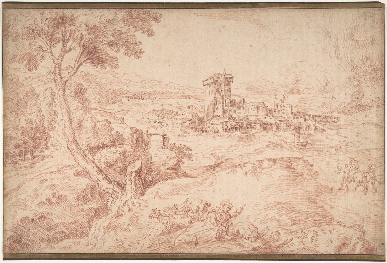 Landskap med en gammel kvinne som holder en spindel av Jean Antoine Watteau