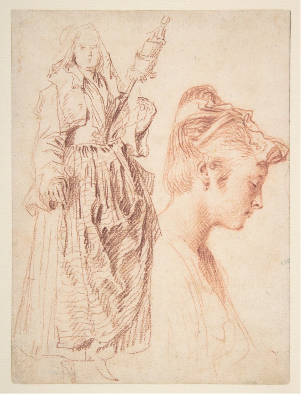 Stående kvinne som holder en spindel, og hodet til en kvinne i profil til høyre av Jean Antoine Watteau