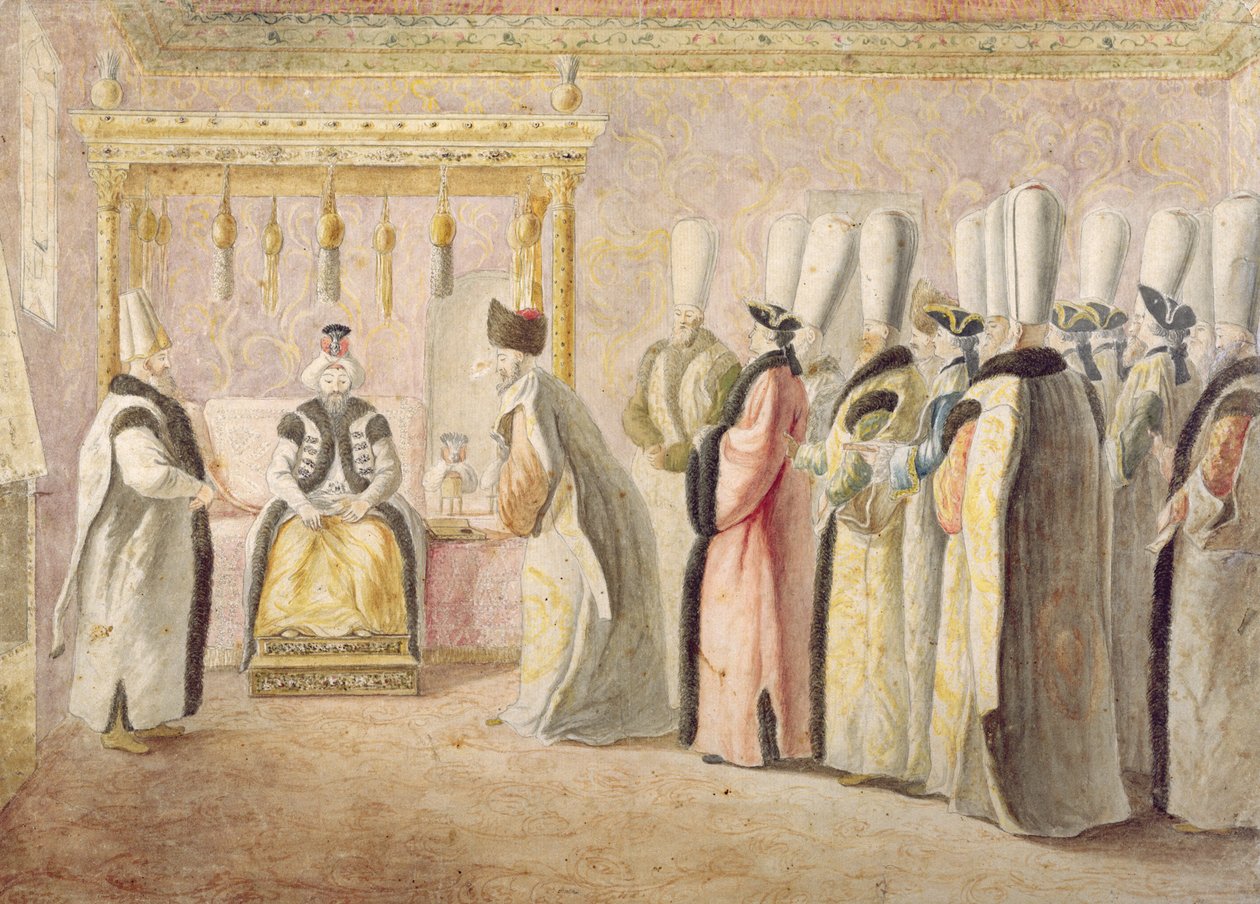 Avskjedspublikum til den franske ambassadøren Charles Gravier (1717-87), Comte de Vergennes, med sultanen Mustafa III (1717-74) i Konstantinopel 17. desember 1768 av Antoine de Favray