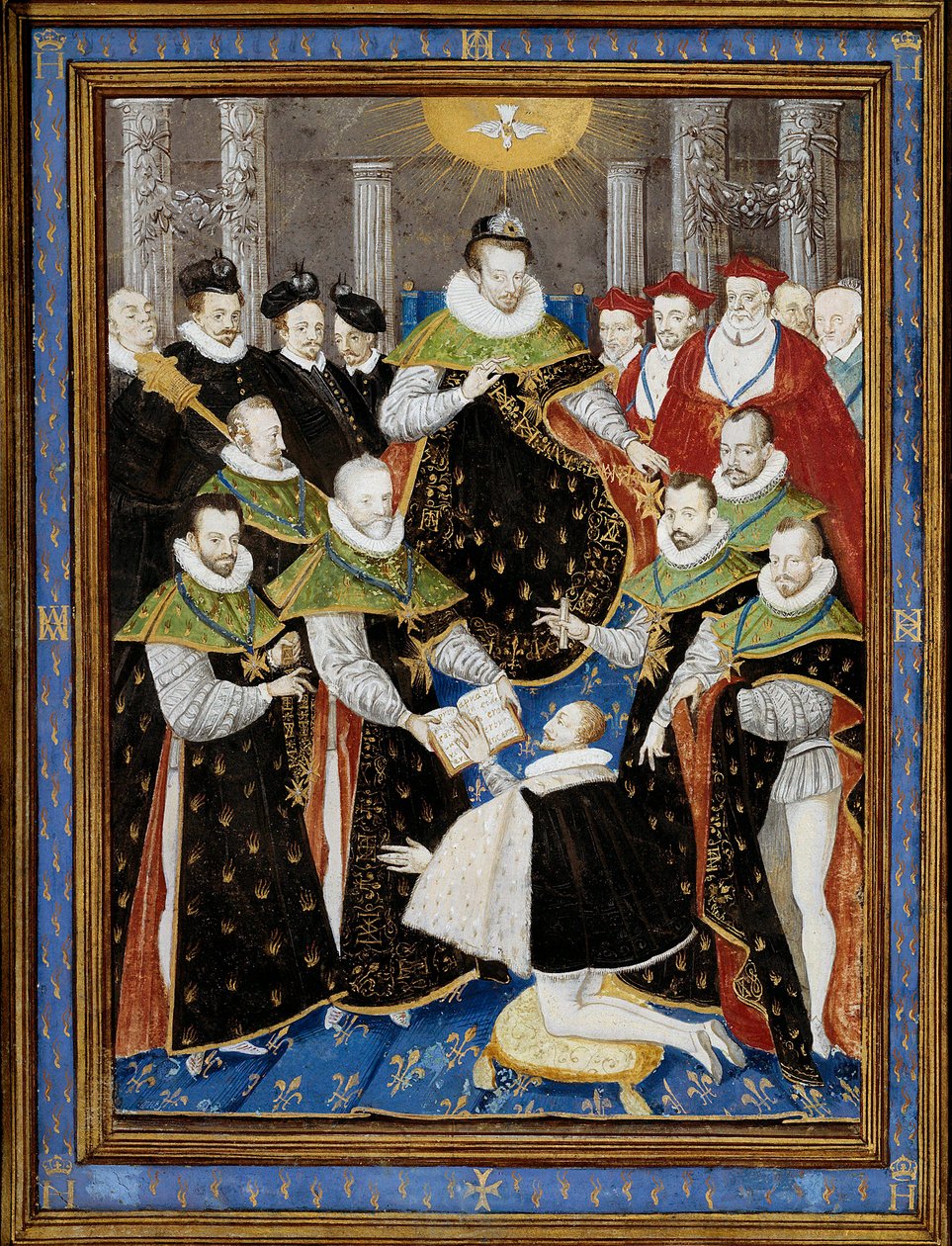 Kong Henry III (1551-1589) presiderer over den første seremonien til Den Hellige Ånds Orden (Den Hellige Ånds Orden) i 1587 Miniatyr av William Richardiere (1500-tallet) etter Antoine Caron (1521-1599) 1587 Chantilly, Musee Conde - Kong Henrik III (15 av Antoine (after) Caron