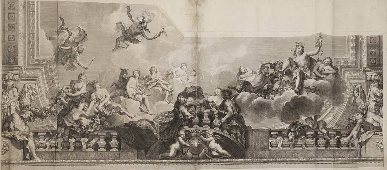Design av senterpanelet i taket av Grand Gallery of the Palais Royal, gravert av Nicolas Henri Tardieu (1674-1749) av Antoine (after) Coypel