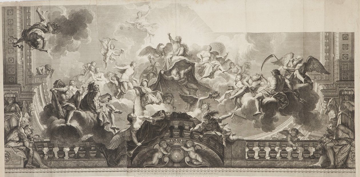 Design of Centre Panel of Ceiling of the Grand Gallery of the Palais Royal, engraved by Nicolas Henri Tardieu (1674-1749) av Antoine (after) Coypel