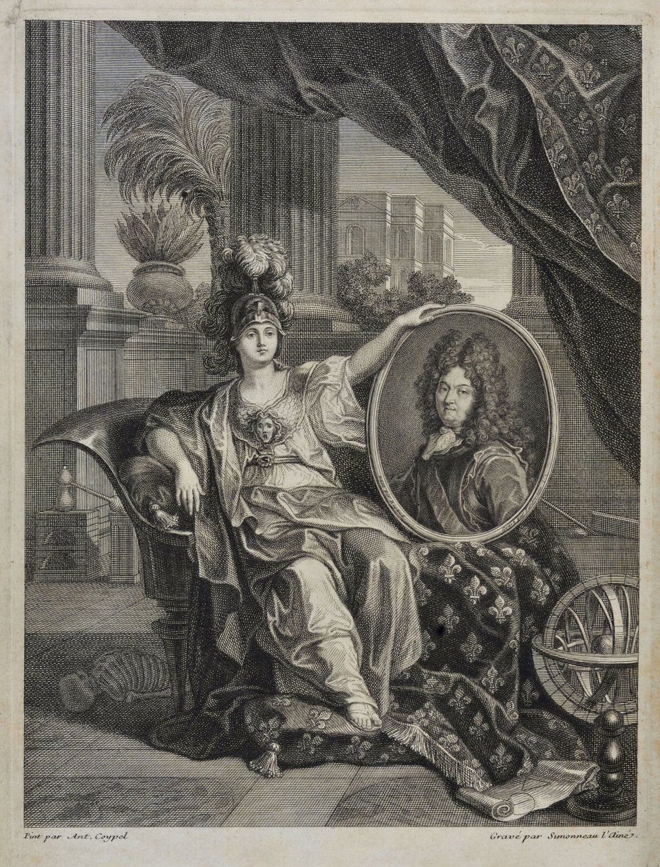Louis XIV, konge av Frankrike, vitenskapens beskytter - gravering av Antoine Coypel History of the Royal Academy of Sciences, år 1703 av Antoine (after) Coypel