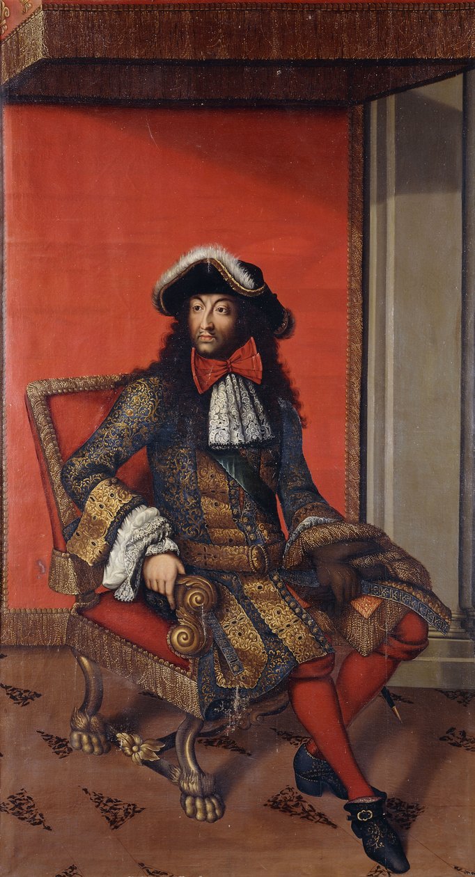 Portrett av kong Ludvig XIV, sittende i full lengde, i en brodert frakk i blått og gull med en hvit ruff og en pelstrimmet hatt, på en trone (olje på lerret, ufôret) av Antoine (after) Dieu