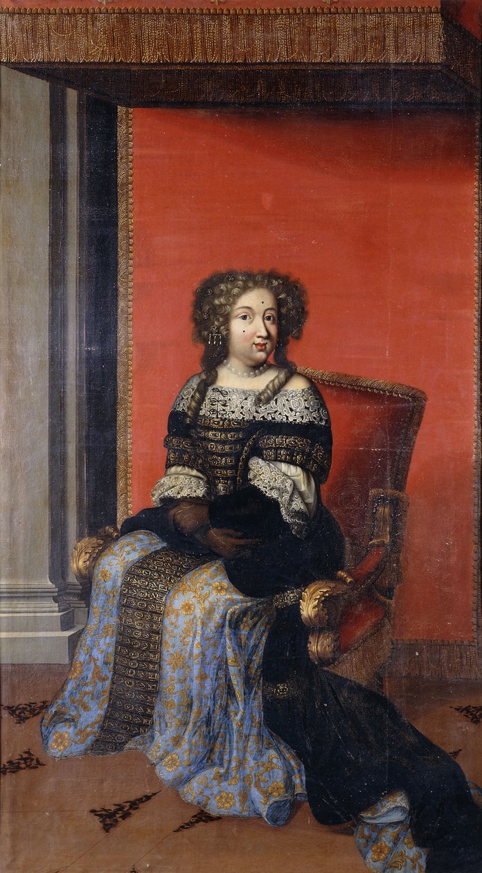 Portrett av dronning Maria Theresa, sittende i full lengde, i en juvelbesatt svart overdel med blondekrage og et blått og gullskjørt, på en trone (olje på lerret, uforet) av Antoine (after) Dieu