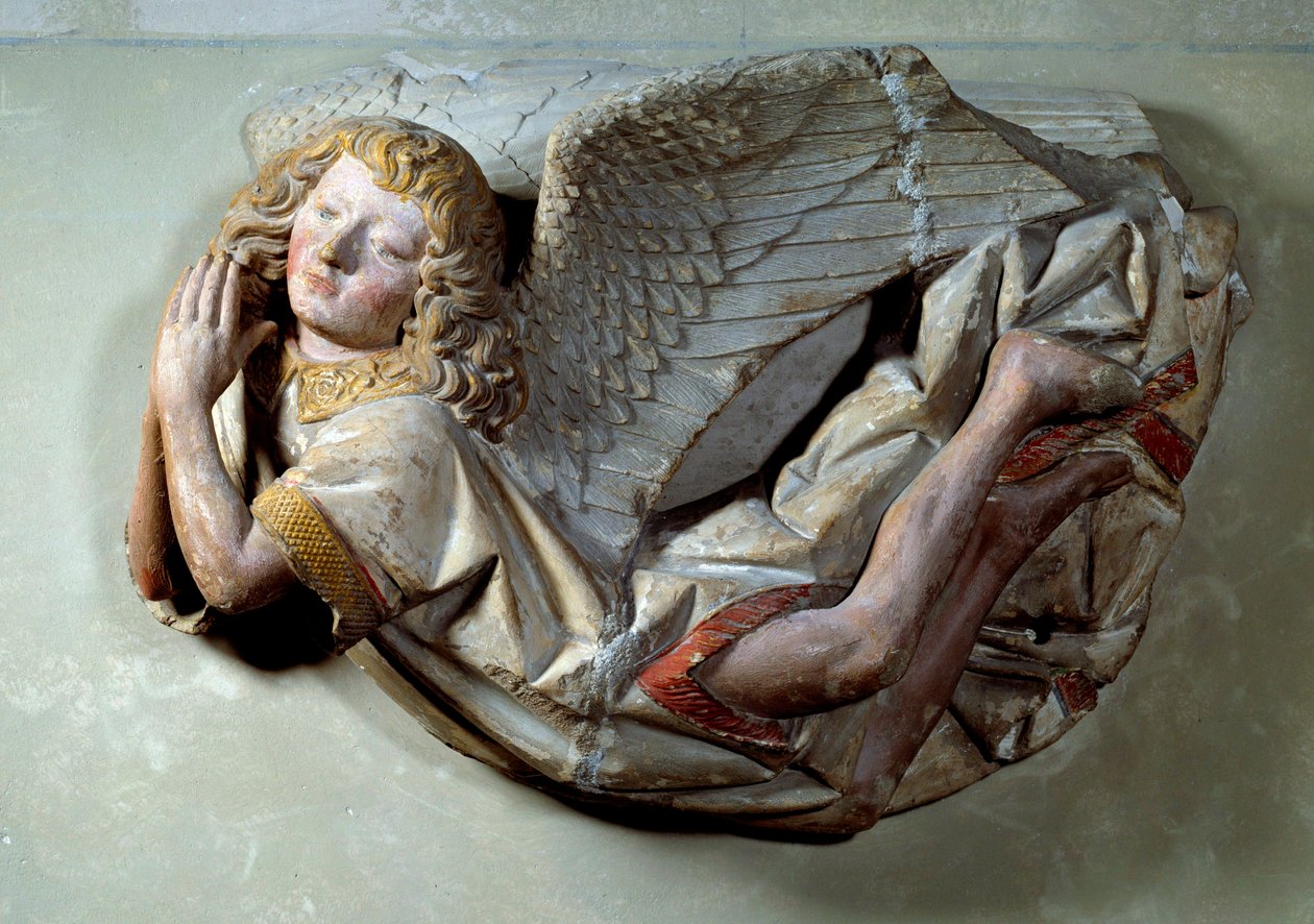 Flying Angel Relief i polykrom kalkstein attributter til Antoine the Moiturier (1425-1495) og ment for "The Mise au tombeau tilbudt av Jaquotin Ogier og hans kone Pernette". fra Chapelles des Carmes i Semur i Auxois. 1490 ca. Sol. 0,57x0,4 av Antoine (attr. to) Le Moiturier