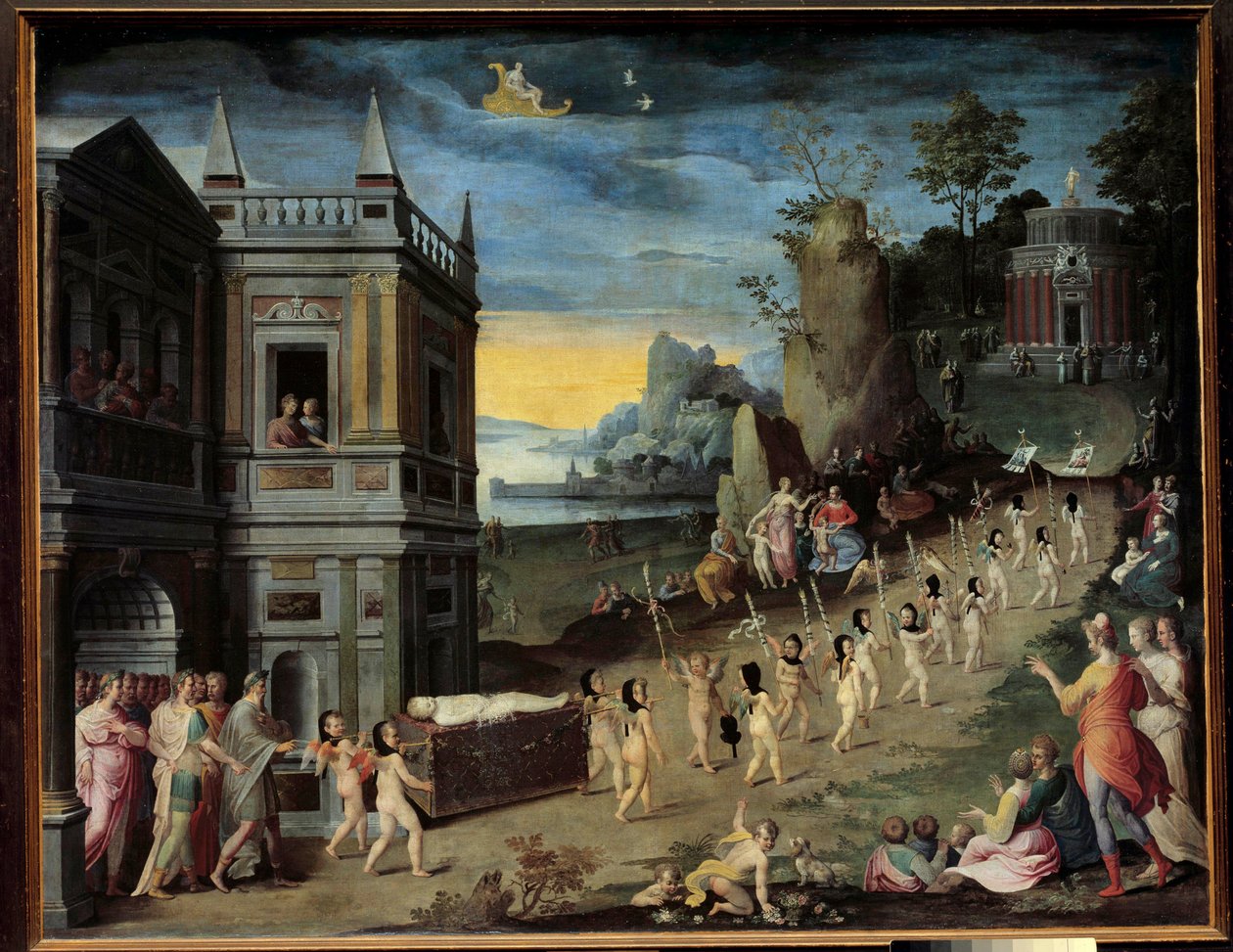 Allegori: Kjærlighetens begravelse En begravelsesprosesjon som bærer liket av Eros er på vei mot Venus-tempelet. Maleri av verkstedet til Antoine Caron (1521-1599) av Antoine (studio of) Caron