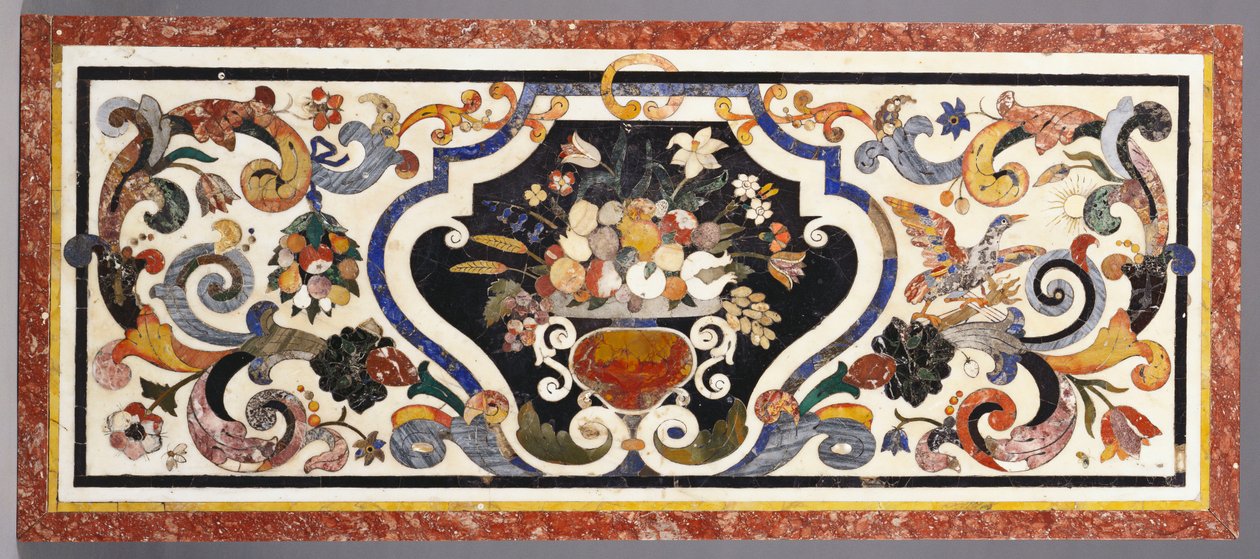 En florentinsk pietra dura bordplate sentrert av en skål med frukt og blomster av Antoine Auguste Ernest Herbert or Hebert