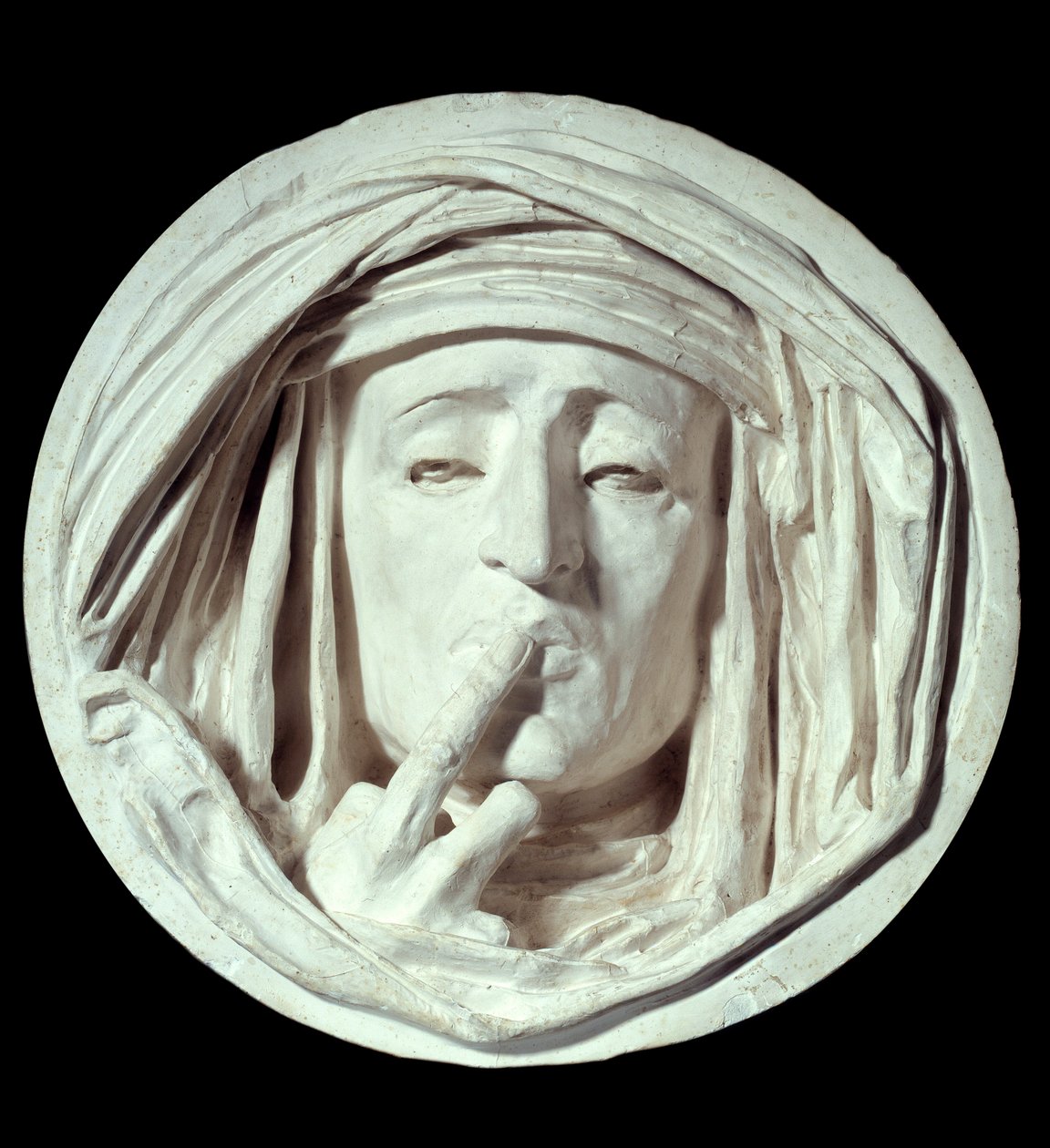 Stillhet En symbolsk gest av en mann som legger en finger på munnen hans. Gipsskulptur av Auguste Preault (1809-1879) Paris fra 1800-tallet, Louvre-museet av Antoine Augustin Preault