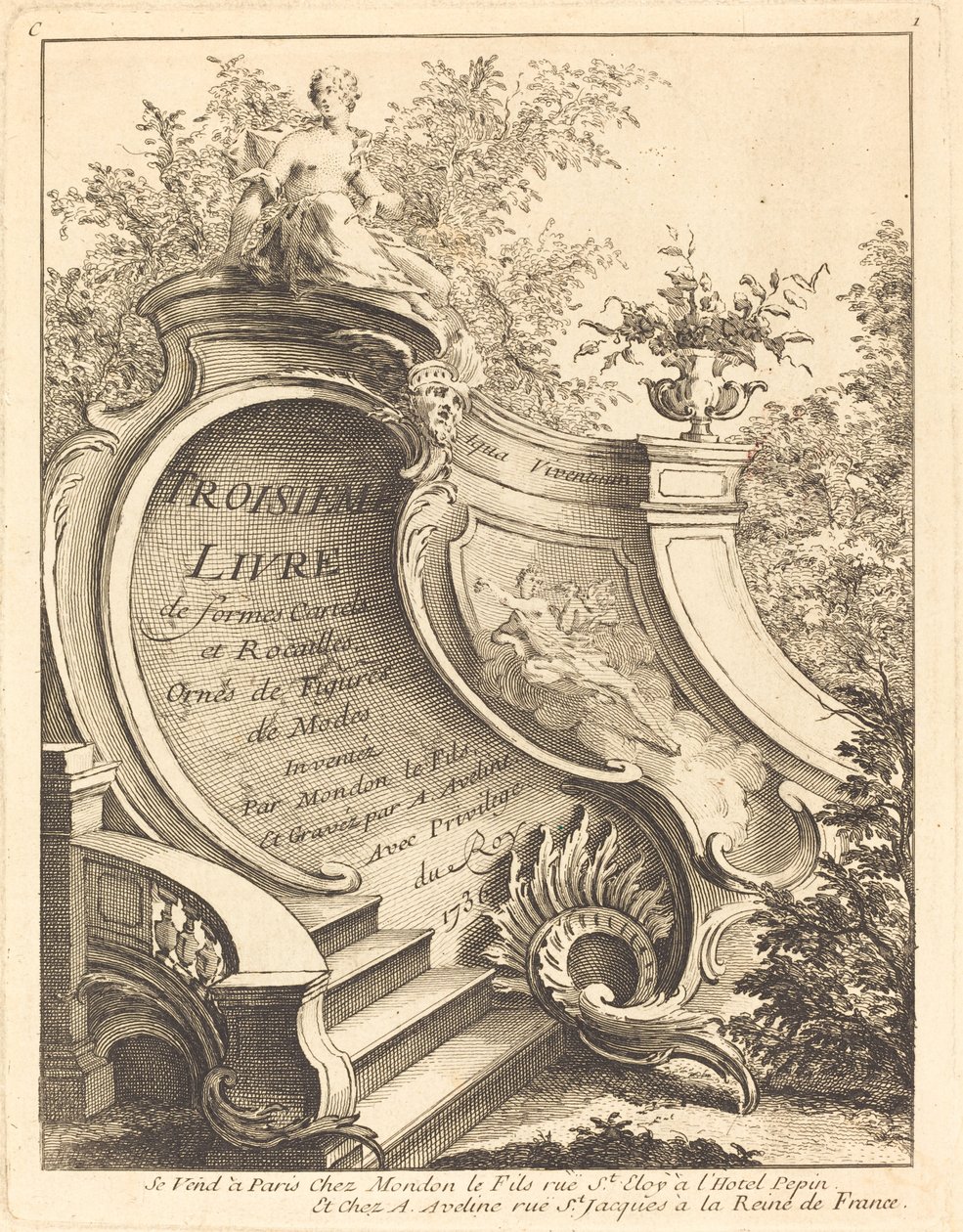 Tredje bok med formkarteller og rocailler (tittelside) av Antoine Aveline after Jean Mondon