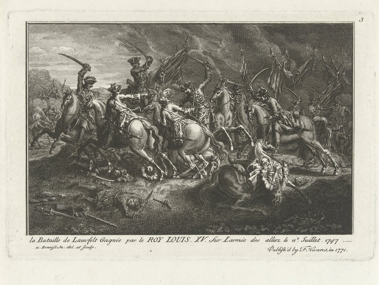 Utsikt over slaget ved Lauffeldt (Lafeld, nær Maastricht) 2. juli 1747 under den østerrikske arvefølgekrigen av Antoine Benoist