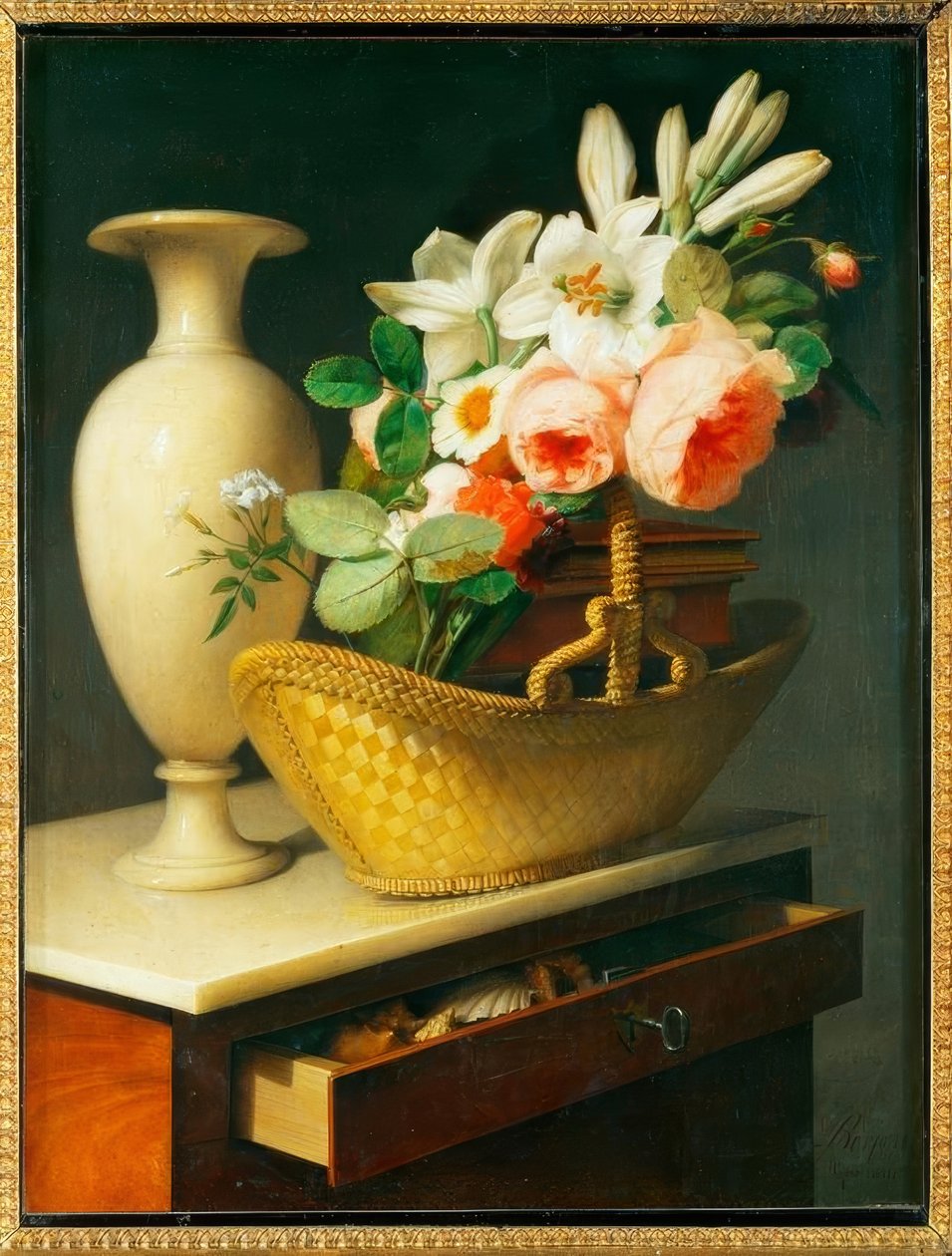 Bukett med liljer og roser i en kurv på en chiffonier av Antoine Berjon