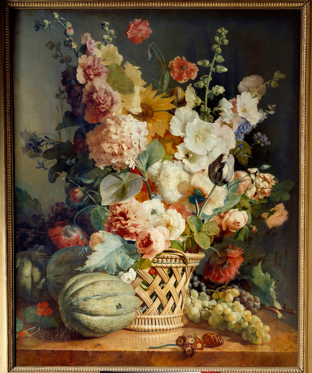 Blomster og frukt i en flettet kurv. Maleri av Antoine Berjon av Antoine Berjon