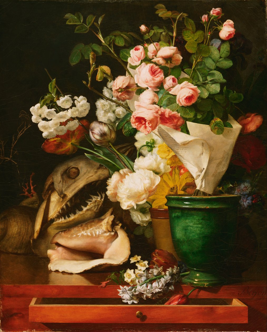 Stilleben med blomster, skjell, et haihode og forstenninger av Antoine Berjon