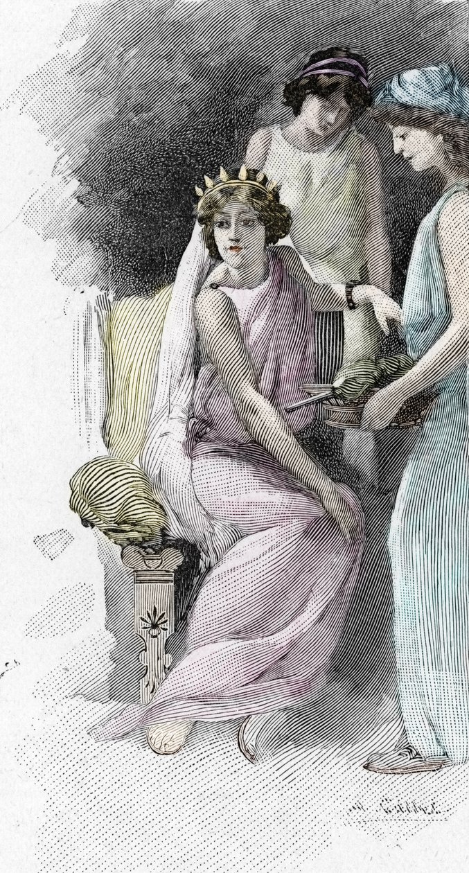 Odyssee d'Homere: Chant IV: Helene omgitt av hans følgere (Odyssey av Homer: Helen og hennes tjenere) Illustrasjon av Antoine Calbet (1860-1944) for "The odyssee" av den greske poeten Homere (Odyssey av Homer) 1897 Privat samling av Antoine Calbet