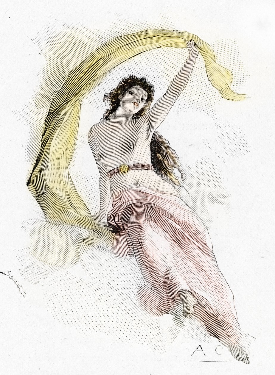 Odyssee d'Homere: Chant V: representation of Aurora - (Odyssey av Homer: representation of Aurora) Illustrasjon av Antoine Calbet (1860-1944) for "The odyssee" av den greske poeten Homere (Odyssey av Homer) 1897 Privat samling av Antoine Calbet