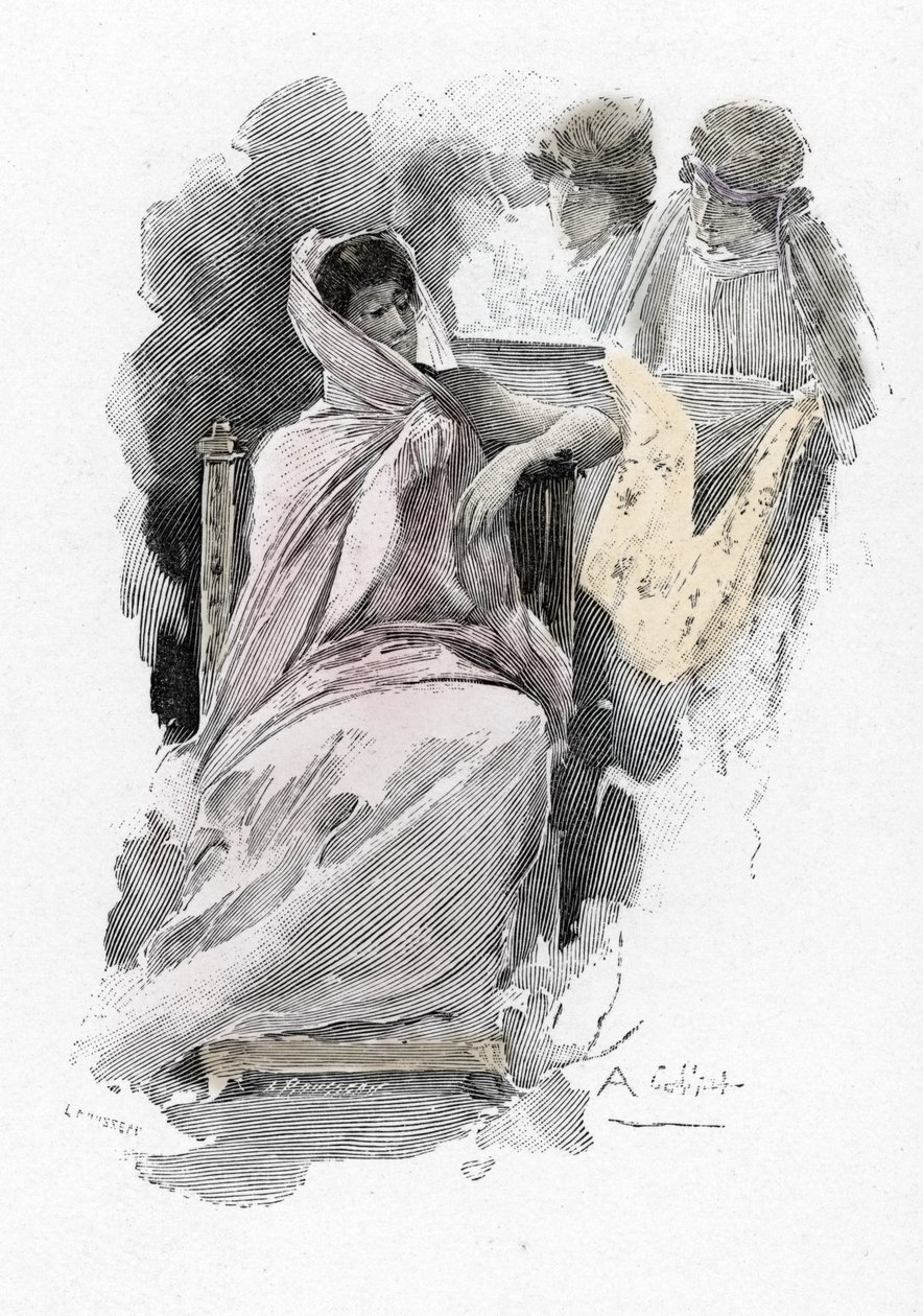 Odyssee d'Homere: Penelope og hans tilhengere (Odyssey av Homer: Penelope og hennes tjenere) Illustrasjon av Antoine Calbet (1860-1944) for "The odyssee" av den greske poeten Homere (Odyssey av Homer) 1897 Privat samling av Antoine Calbet