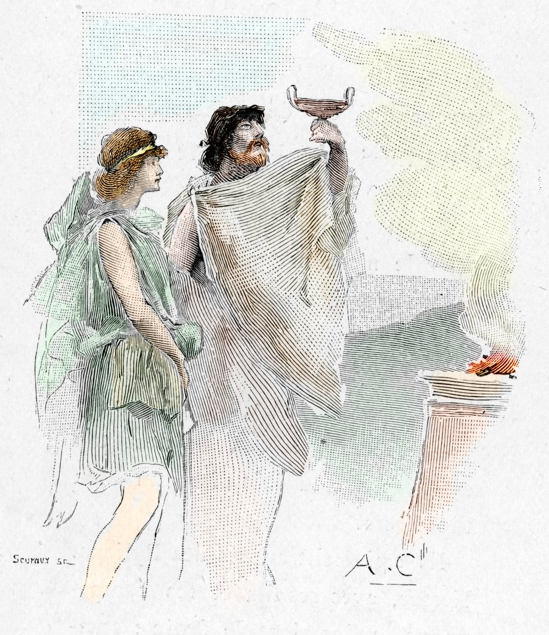 Odyssee d'Homere: """ Pisistrate sønn av Nestor foreslår en Telemaque en kopp vin i Pylos" (Peisistratus (Peisistratos eller Pisistratus), sønn av nestor ønsker telemachus velkommen i Pylos med en kopp vin) Illustrasjon av Antoine C av Antoine Calbet